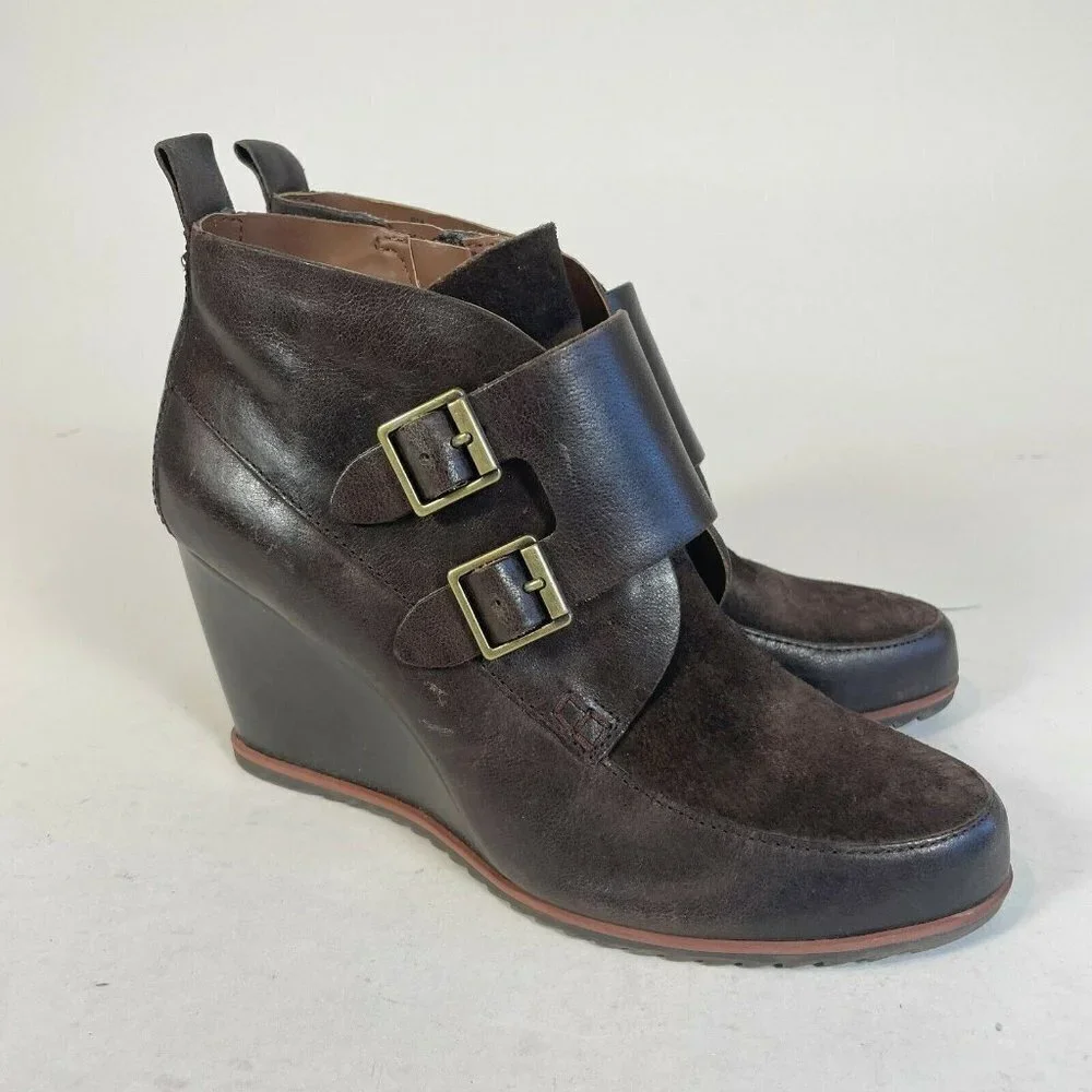 Korks‎ Womens Hanska Wedge Ankle Boots Dark Brown Size 8M Leather Monk Strap